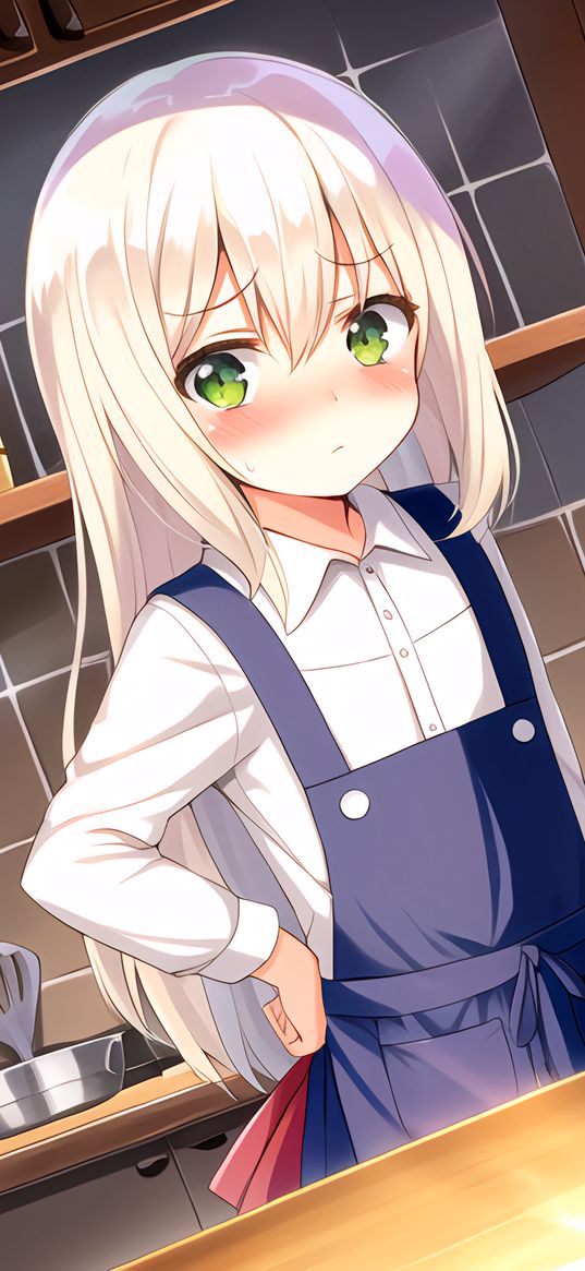 girl, blush, apron, kitchen, anime