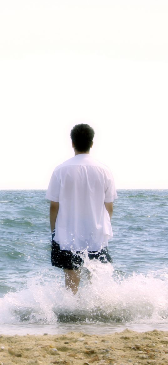 boy, beach, sea, foam, harmony, meditation