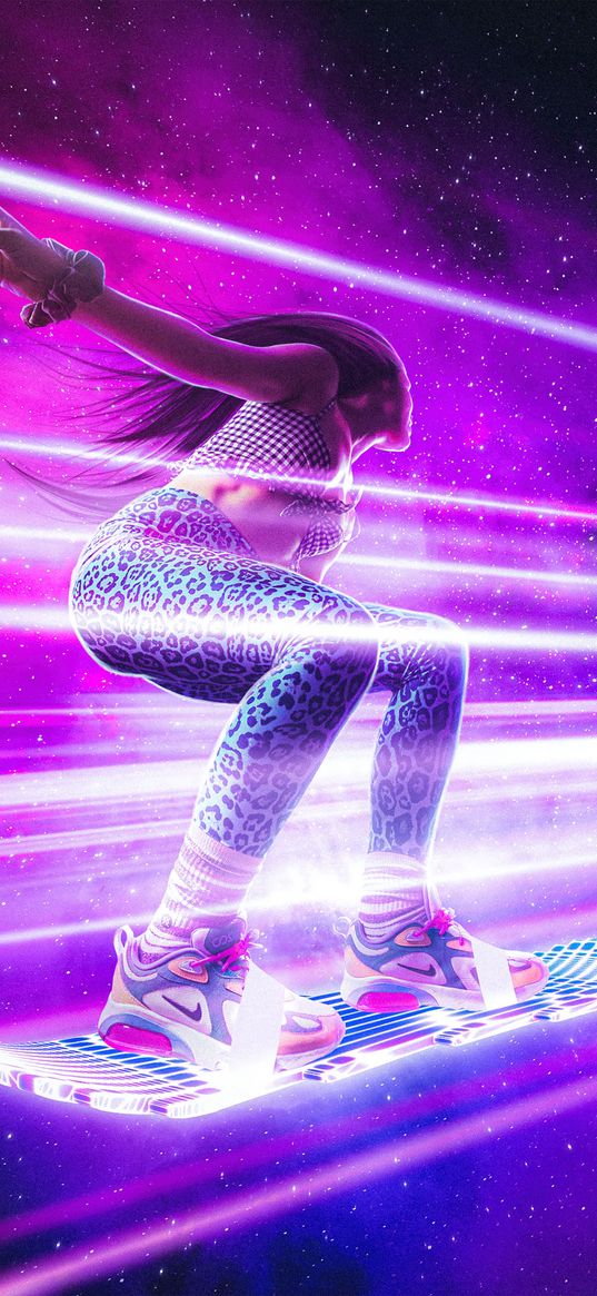 girl, space, snowboard, rays, neon, nike, backlight