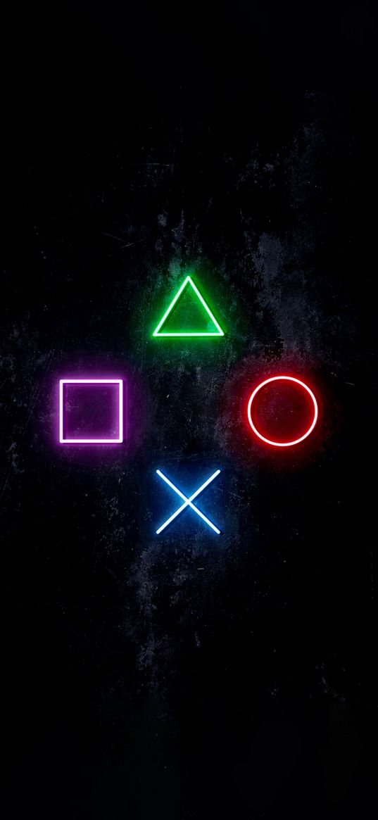 buttons, joystick, neon, shapes, triangle, square, cross, circle