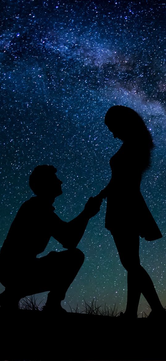 couple, sky, stars, silhouettes, love