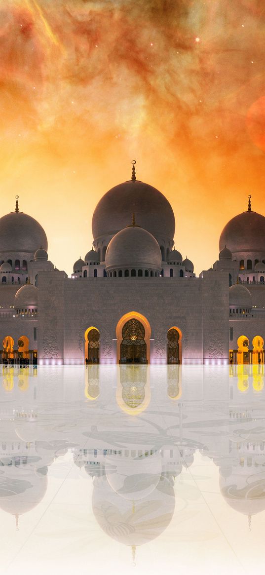 mosque, building, sky, moon, reflection, orange