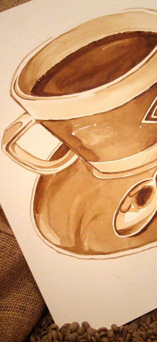 drawing, cup, coffee, coffee beans