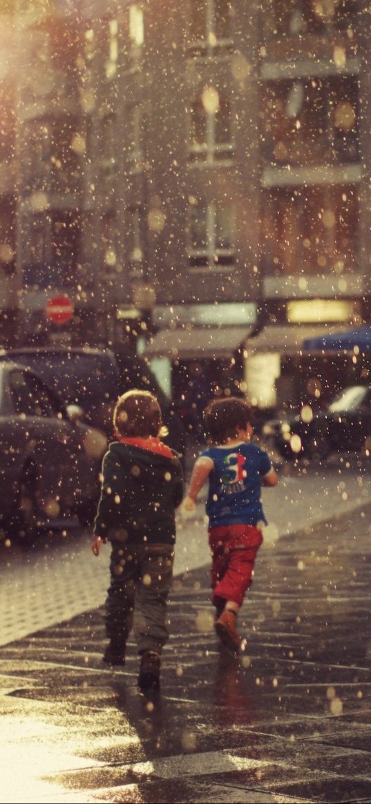 street, children, running, rain, city