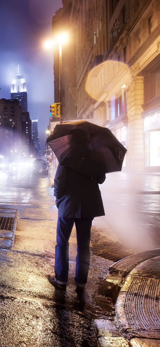 city, night, cloudy, lonely, man, umbrella