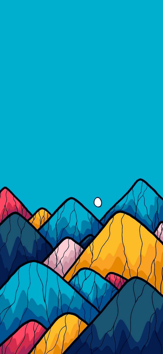 mountains, colorful, blue sky, art