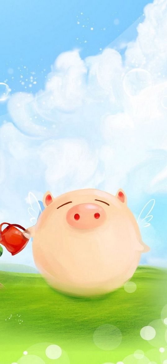 pig, grass, clouds, watering can, sprout, meadow