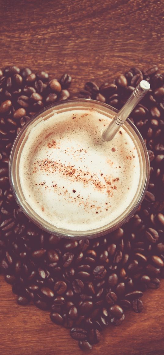 coffee, cup, foam, coffee beans, table