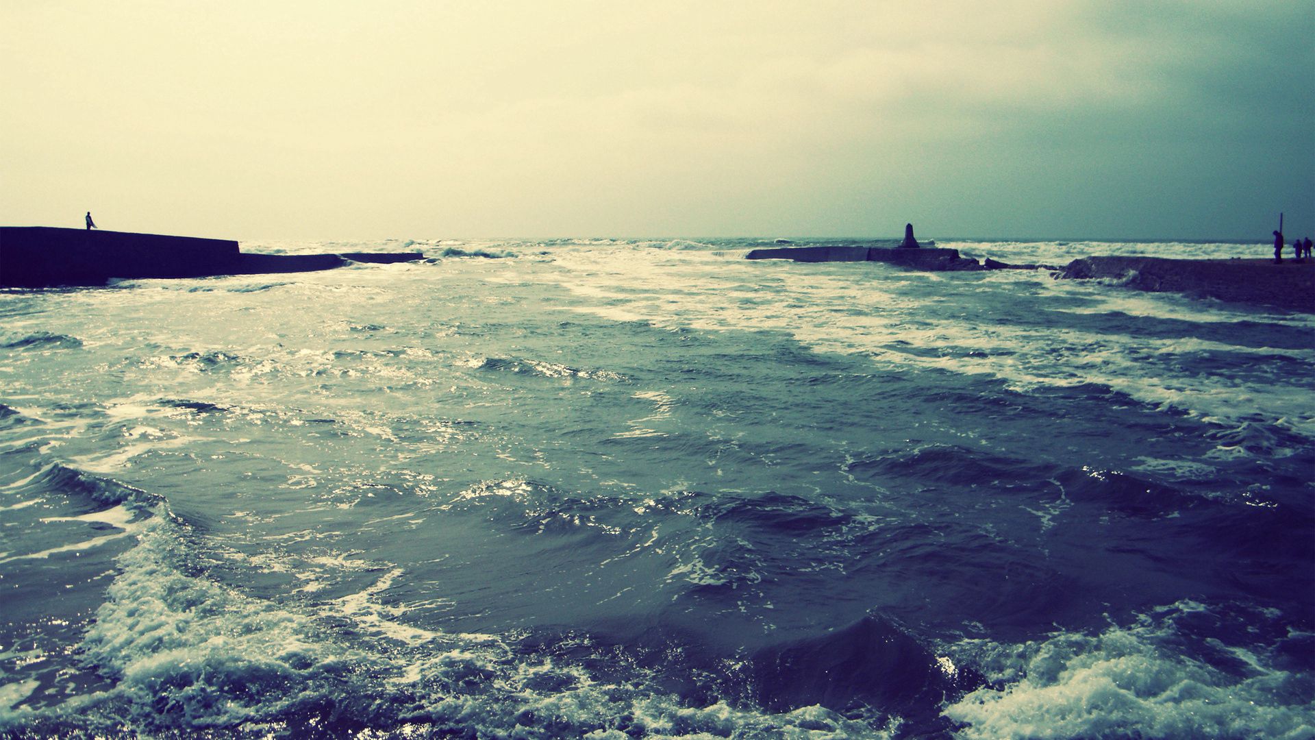 sea, waves, foam, dark blue, colors, paints, pier, people