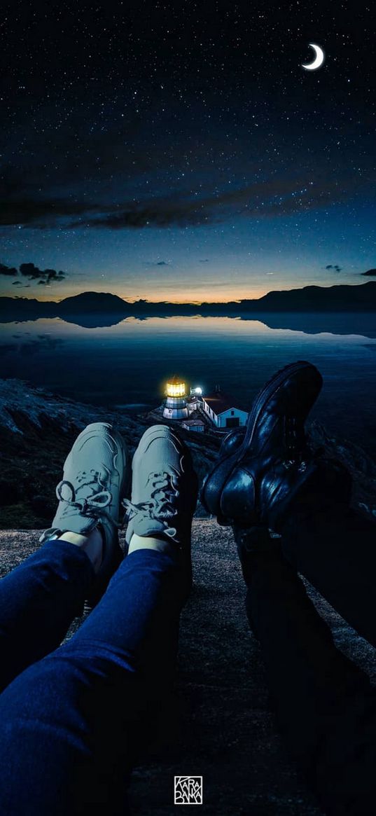 house, lake, reflection, mountain, blue sky, star moon, night, legs