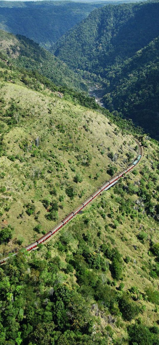 train, height, wood, mountains, railway, movement, green, trees