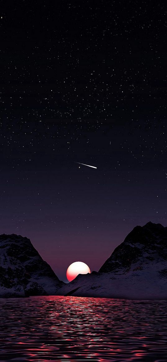 lake, mountain, ice, moon, starry sky, comet