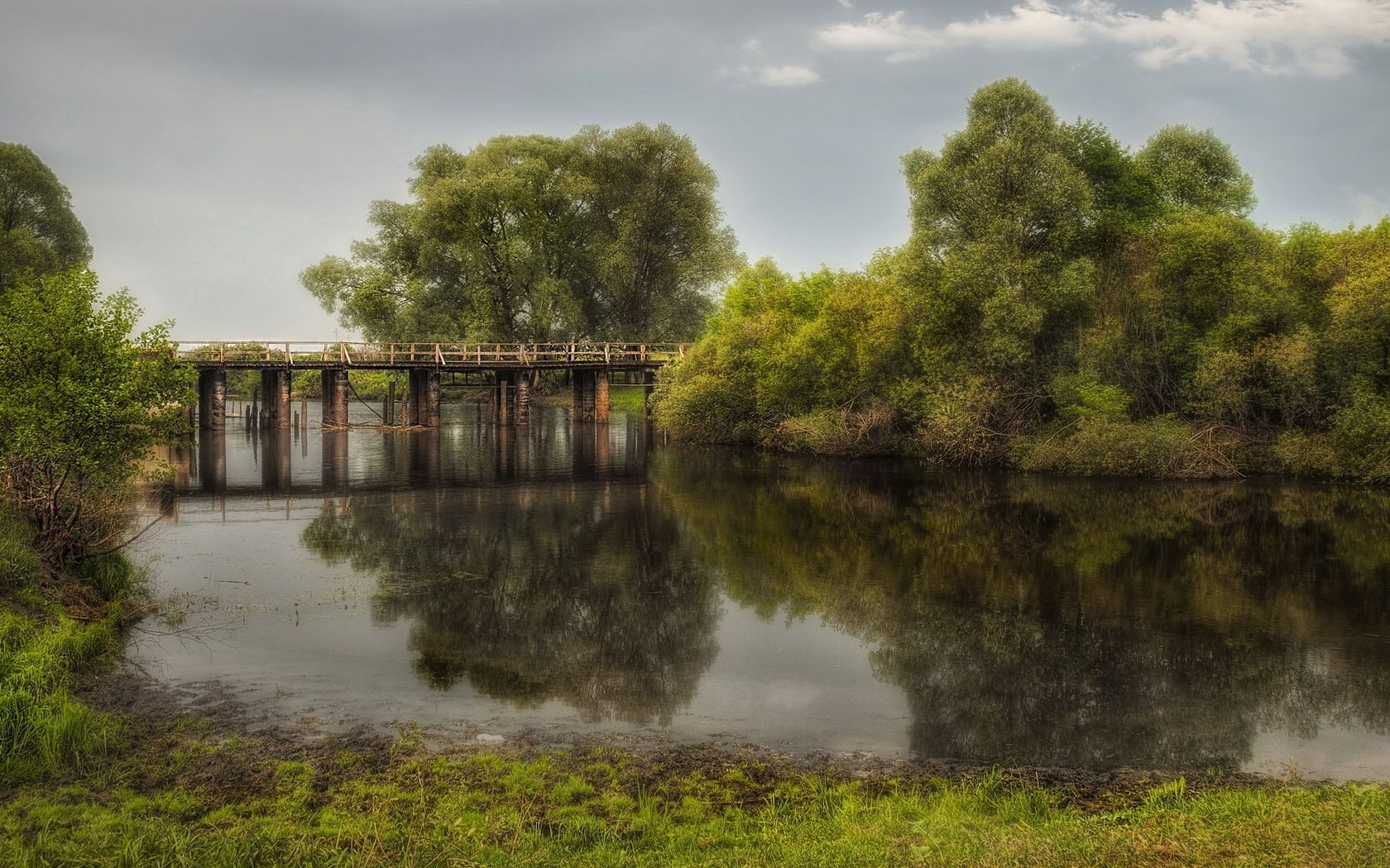 bridge, landscape, reservoir, trees, summer, park, green, gray