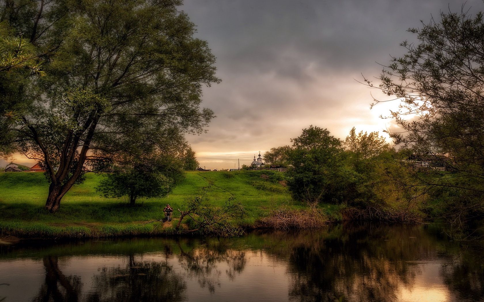 landscape, reservoir, trees, summer, church, lake, descent, cloudy, fisherman