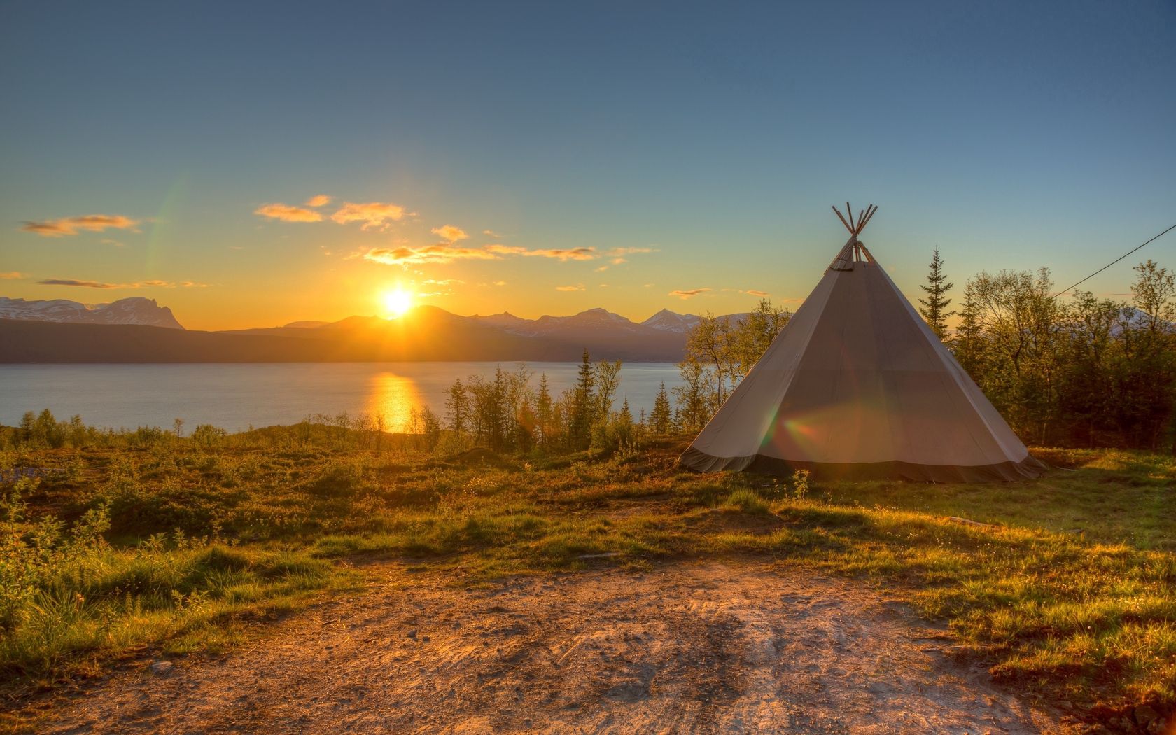 tent, decline, lake, coast, sun, disk, romanticism