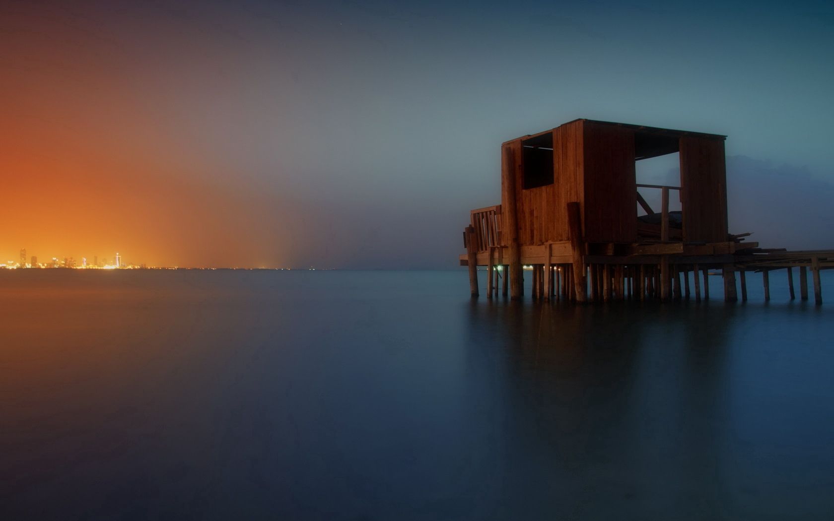 sea, pier, construction, wooden, surface, smooth surface, distance, fires