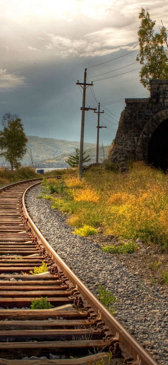 rails, railway, arch, columns, grass, pebble