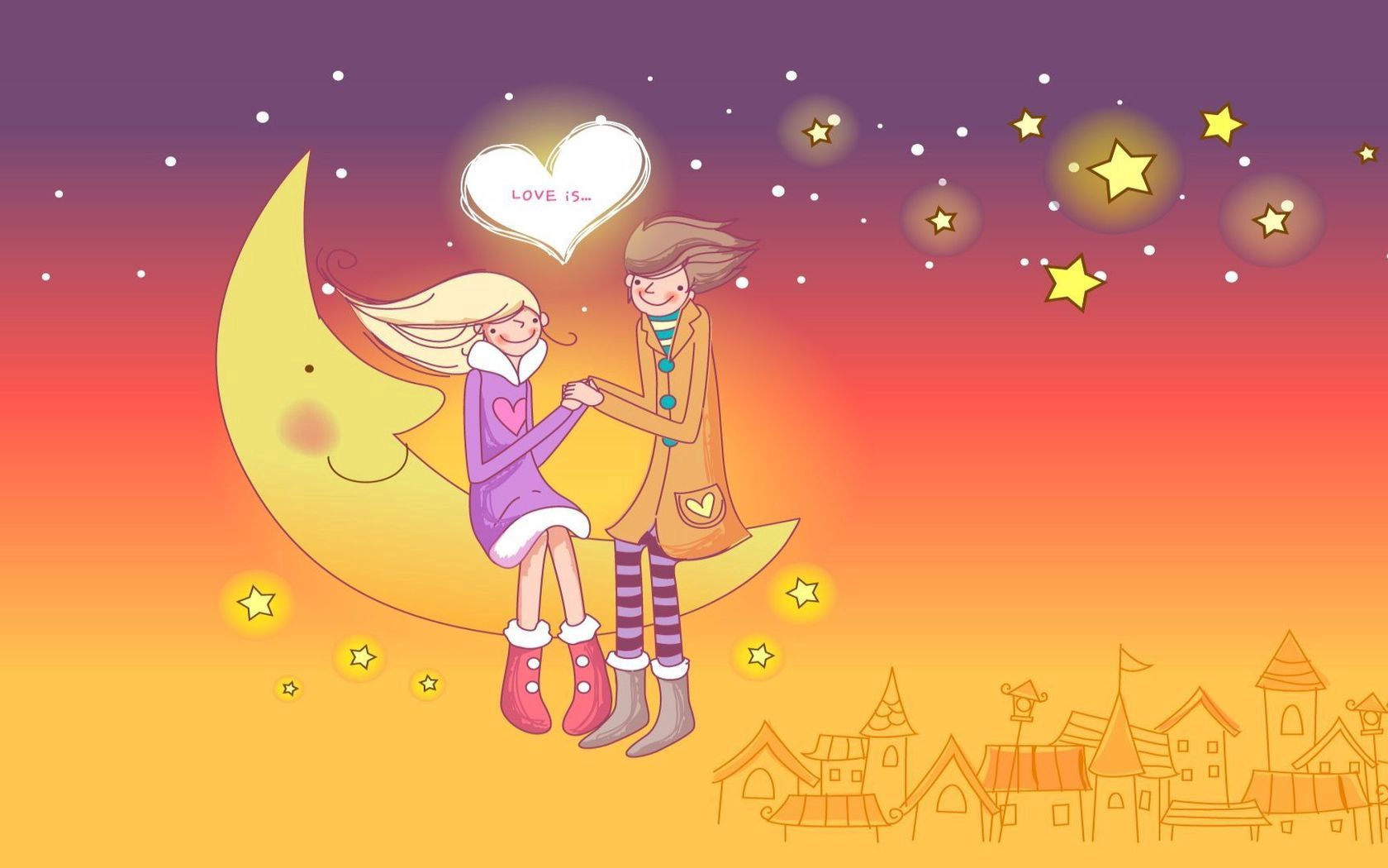 couple, date, moon, sit, city, sky