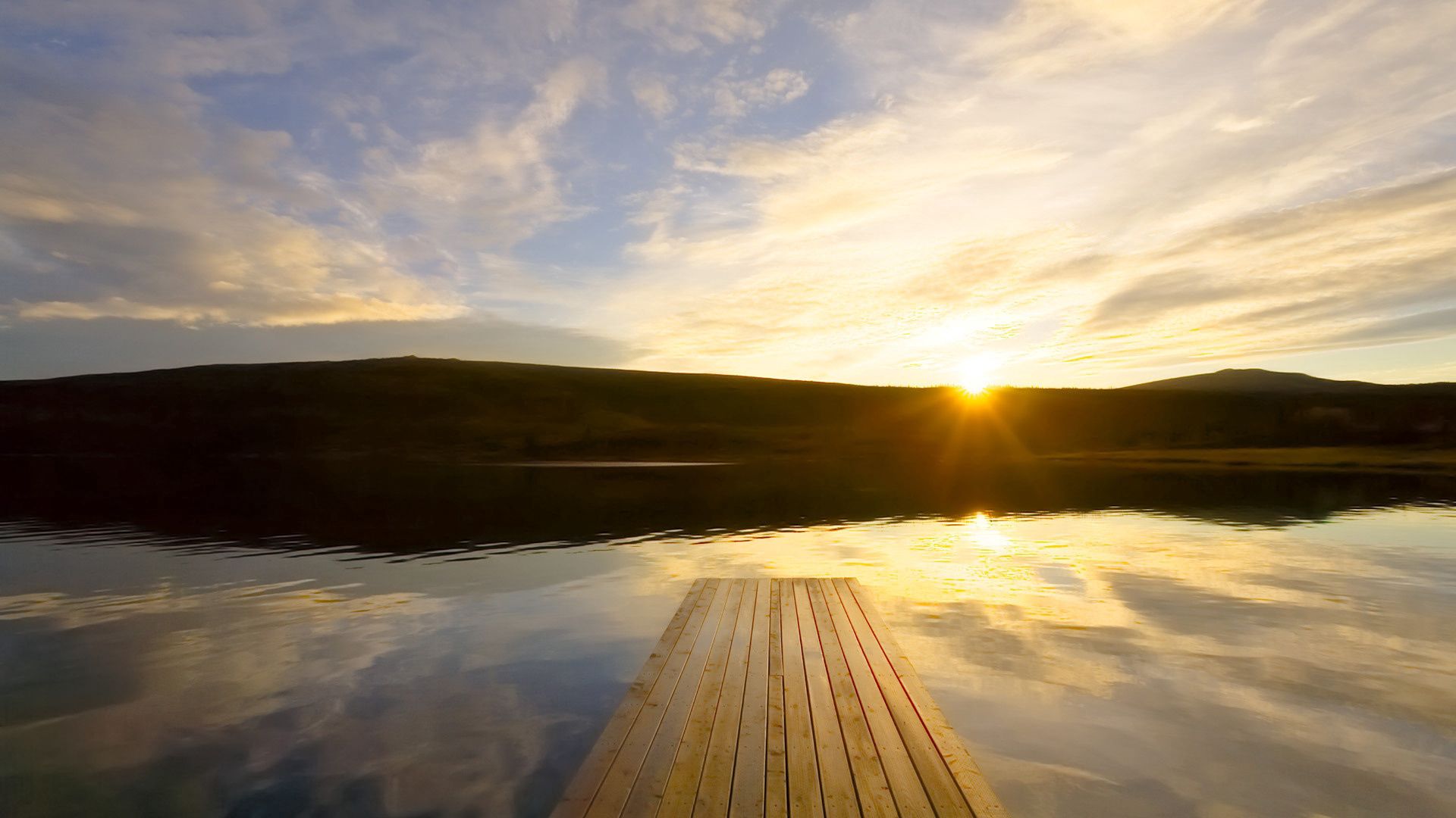 pier, sun, mountains, reservoir