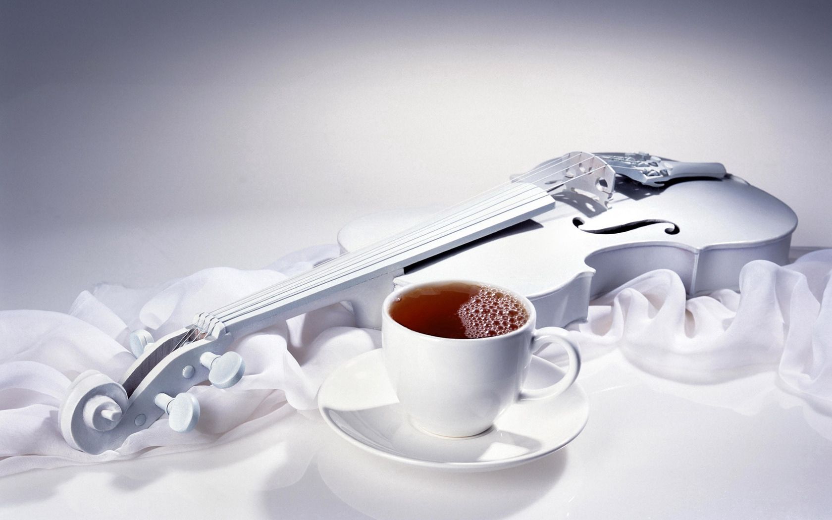 violin, tea, cup, drink, cloth, silk