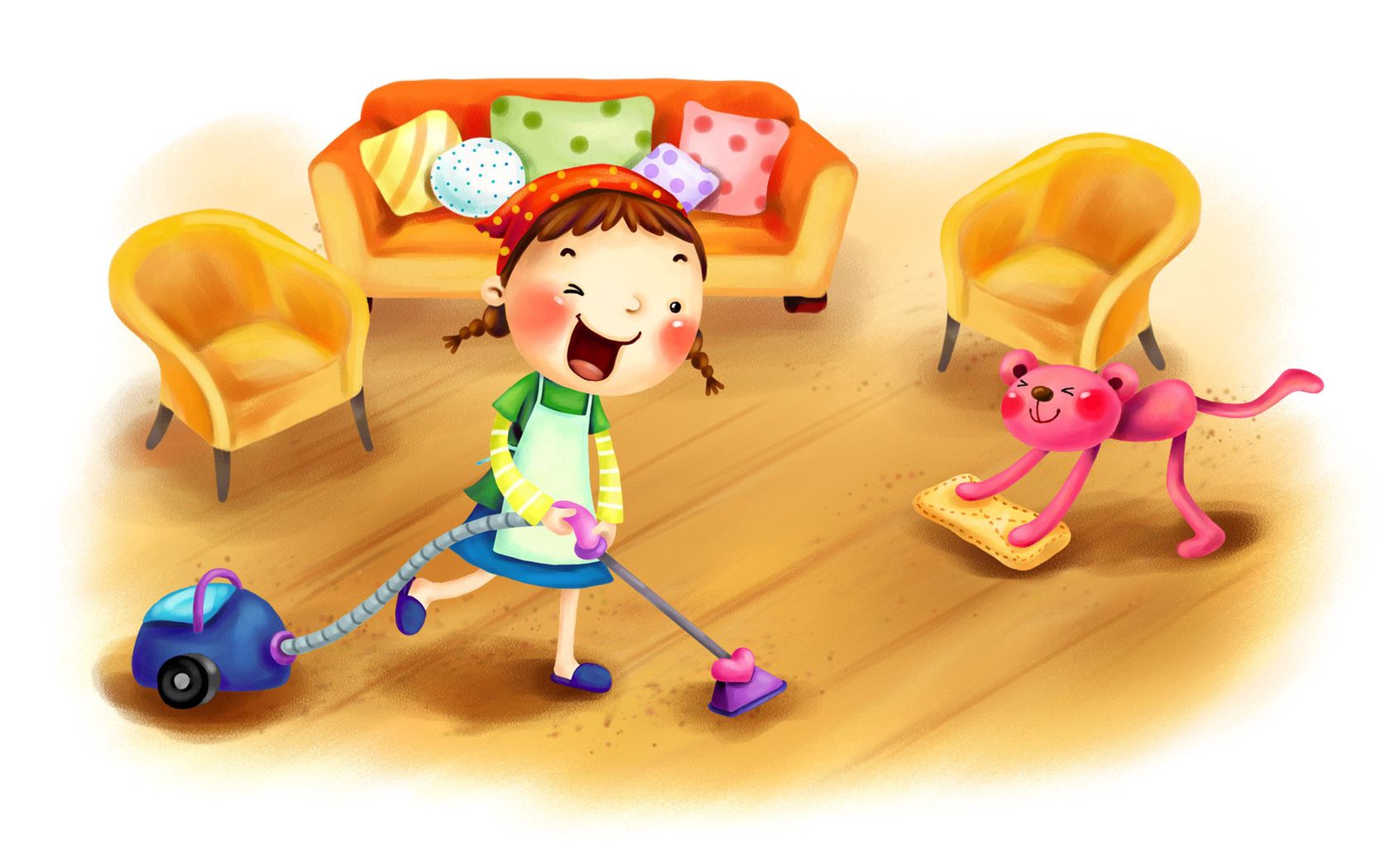 girl, child, vacuum cleaner, cleaning, laundry, dog, furniture, design