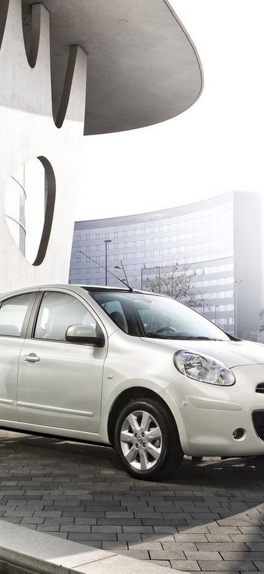 nissan micra, white, right side, building