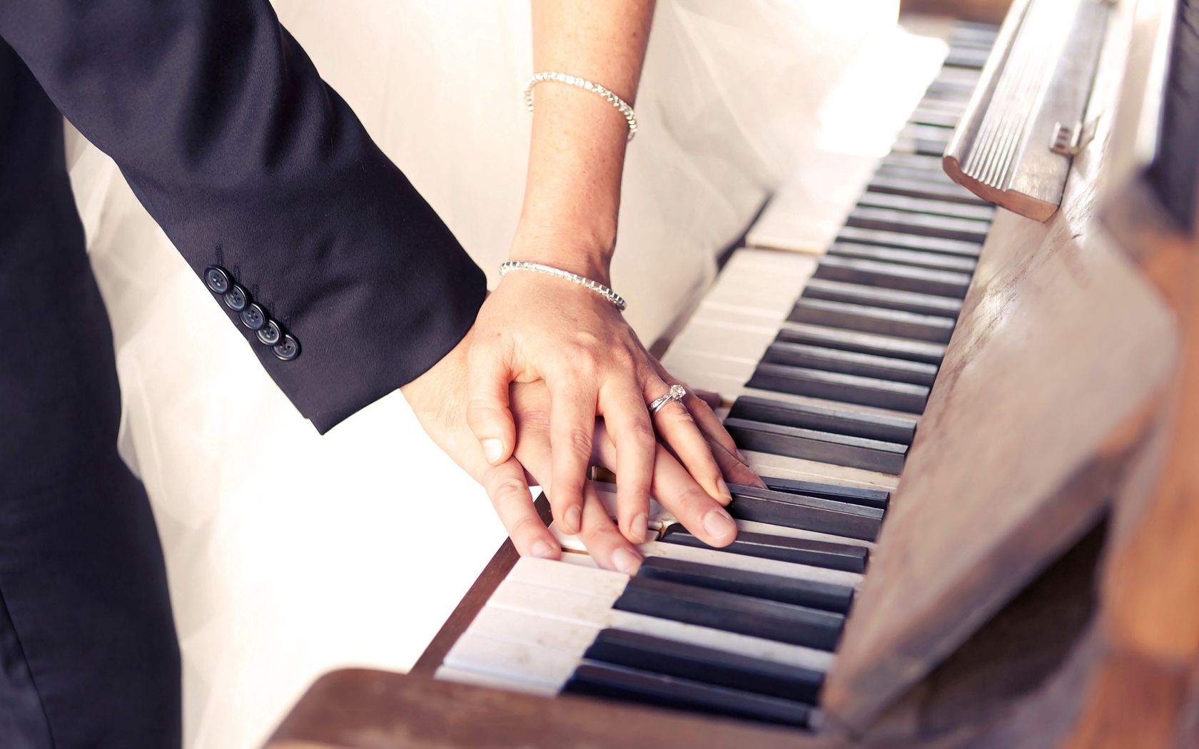 couple, hands, jewelry, wedding, piano, keys