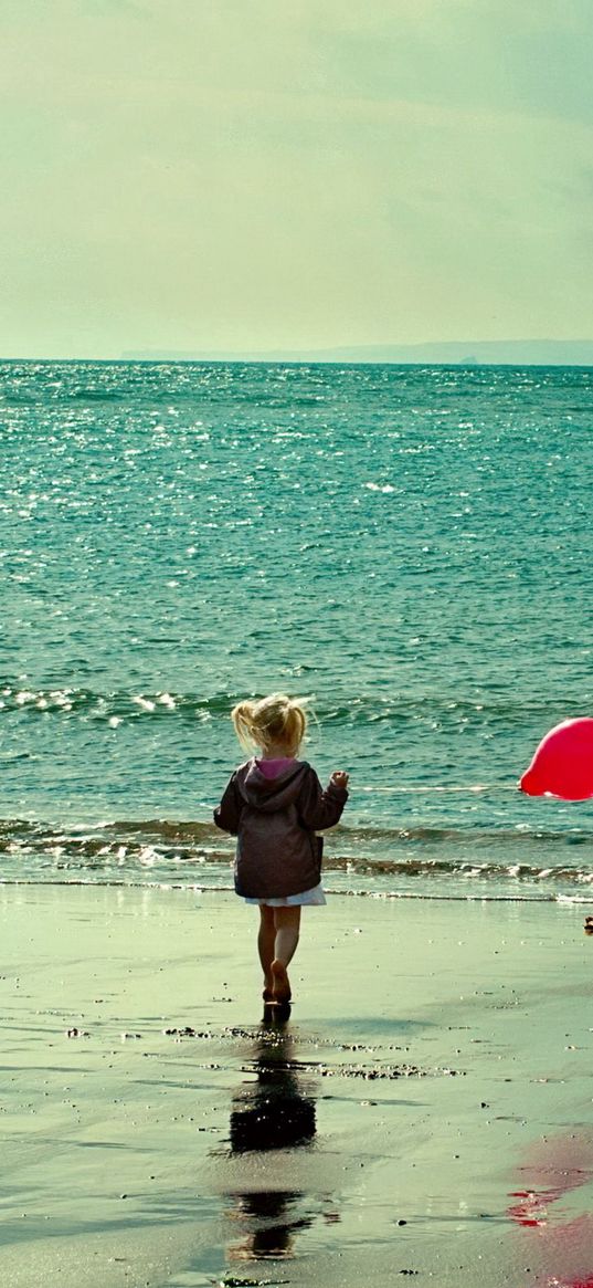 sea, girl, walking, beach, run, balloon