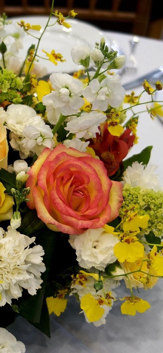 roses, carnations, color, composition, table, table setting