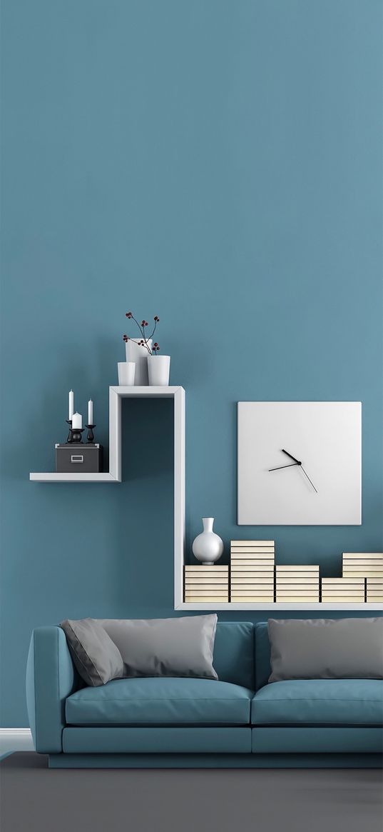 sofa, clock, shelf, apartment, house, interior, decor