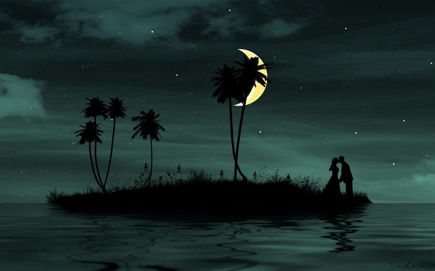 couple, moon, island, palm, sea