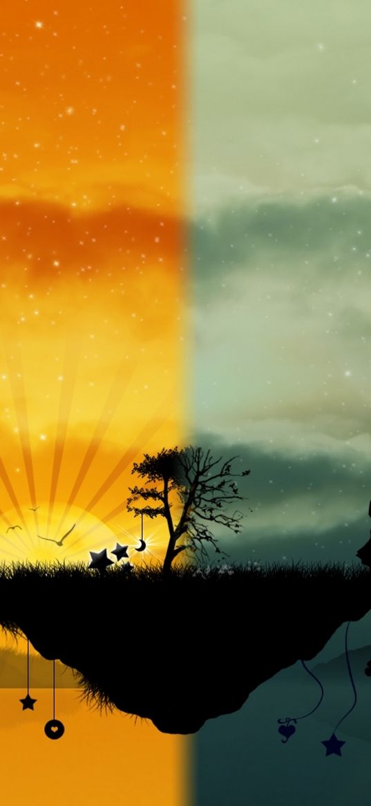 island, tree, worlds, people, silhouettes, night