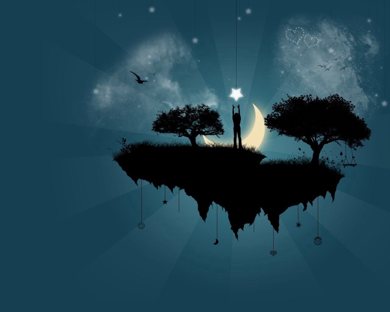 man, star, island, trees, silhouette