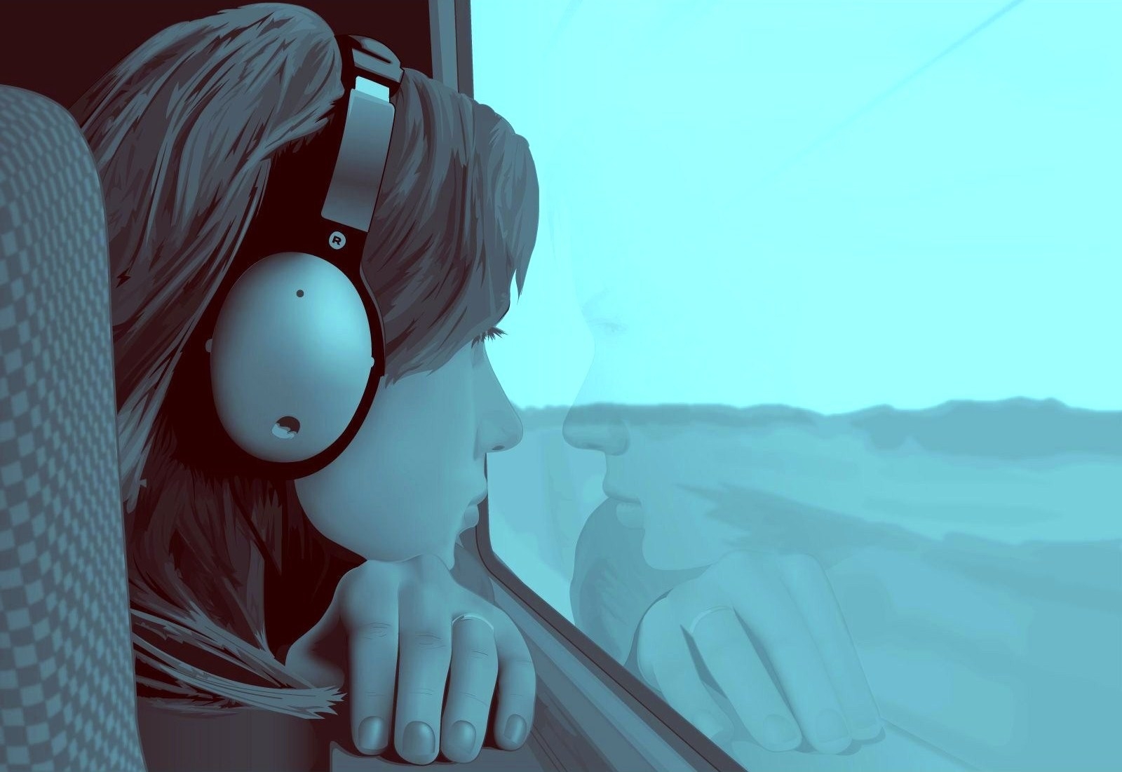 girl, window, guy, alone, headphones, screen