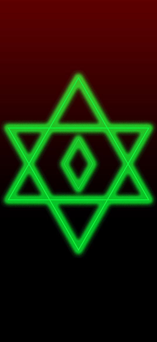 star, rhombus, geometry, green, neon, red background