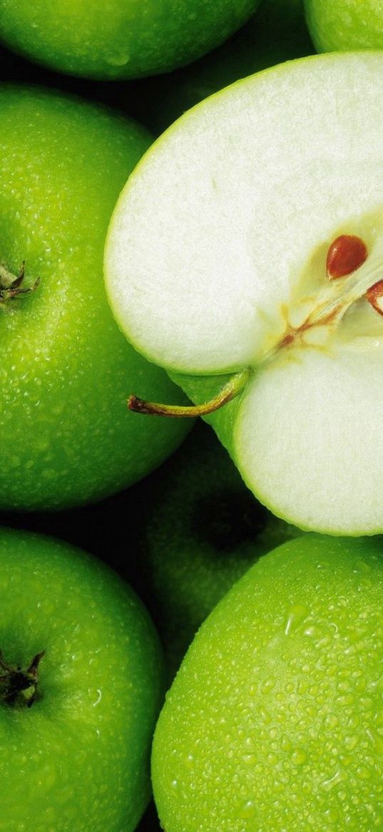 apples, green, fruit, drops, half