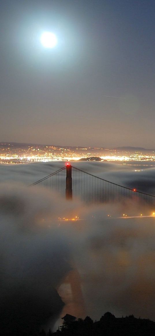 golden gate bridge, light, moon, fog, night, san francisco, california, usa