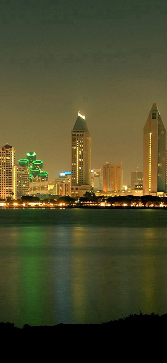 san - diego, california, usa, skyscrapers, night, beach