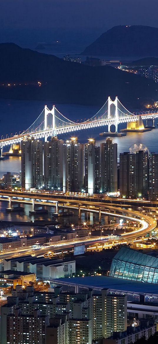 south korea, busan, top view, night, bridge, hdr