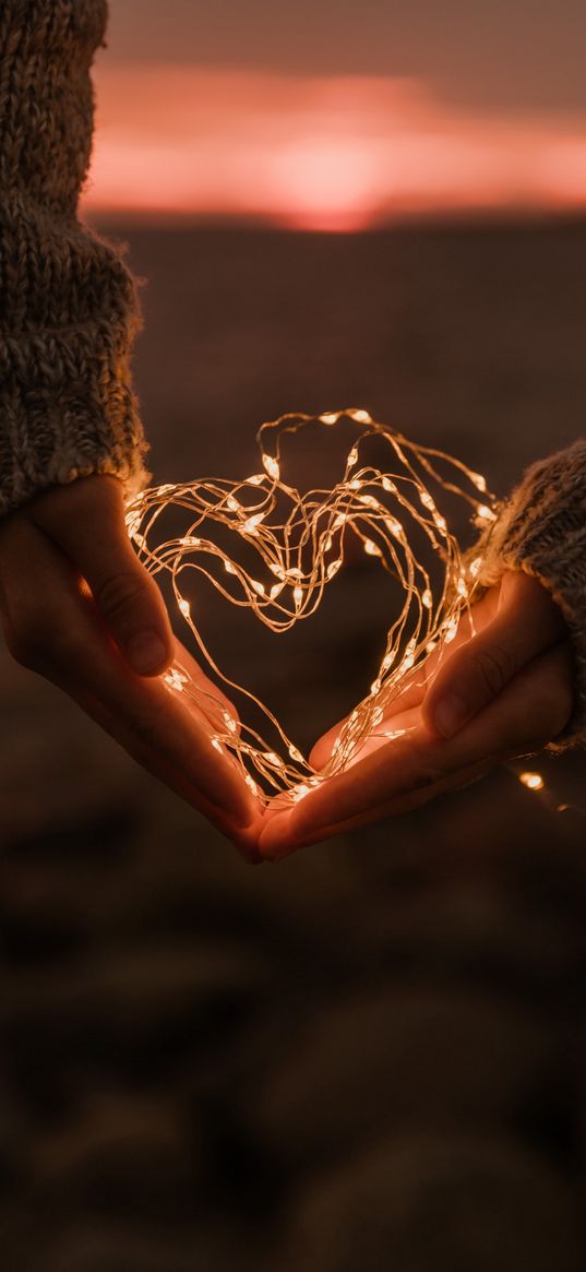 heart, garland, hands, love, beach, sunset