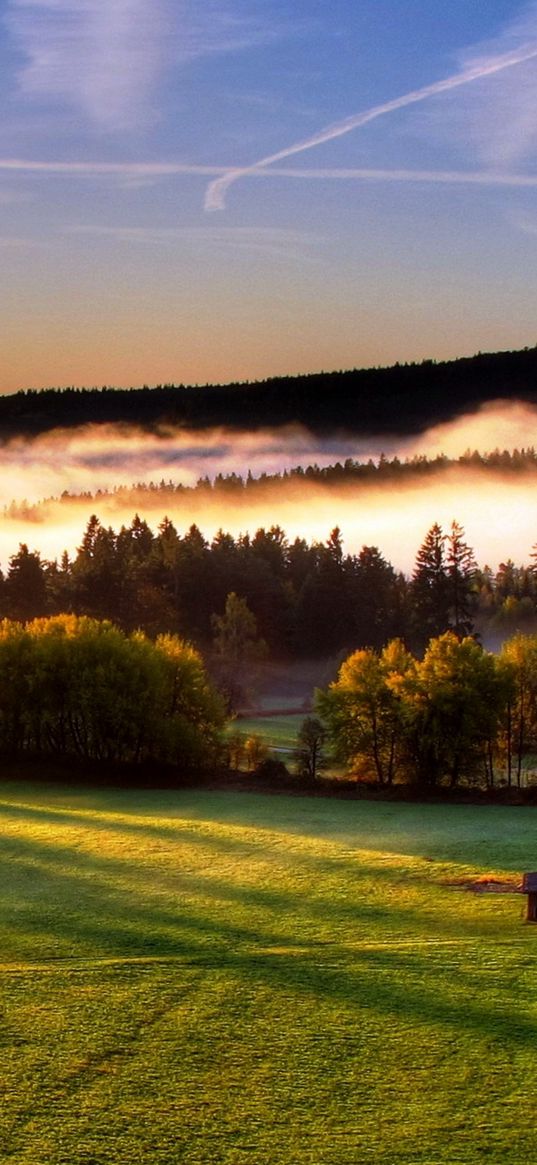 lodge, lonely, field, open spaces, green, height, wood, distance, look, fog, sky, lines