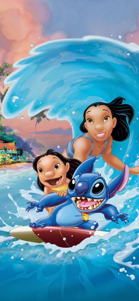 lilo and stitch, cartoon, characters, surfing, wave, art