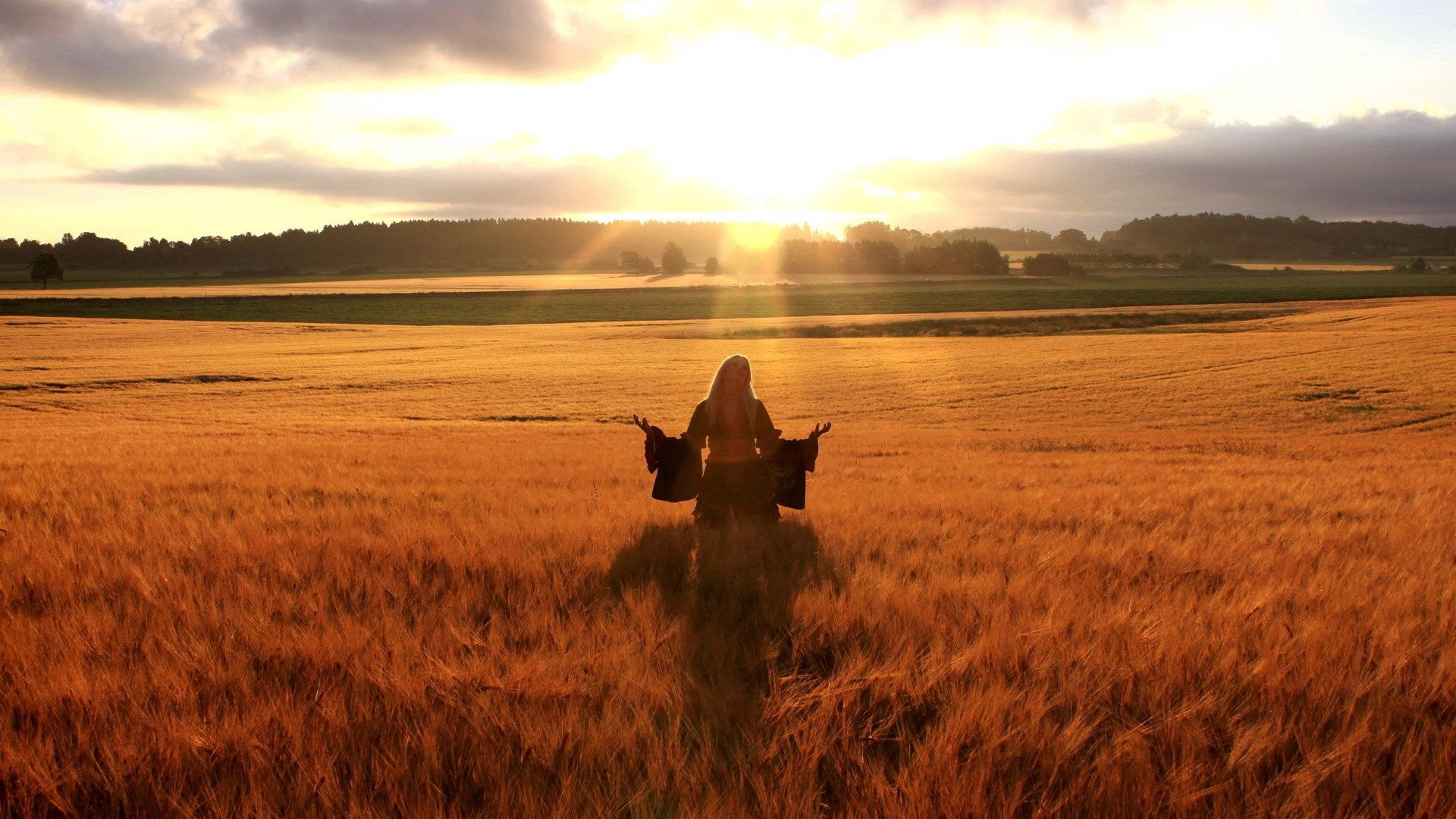 blonde, field, grass, walking, sunshine