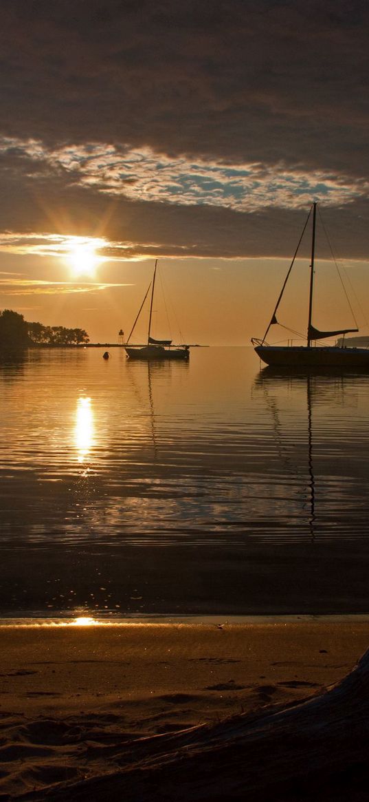 evening, beach, coast, stub, decline, sailing vessels, outlines