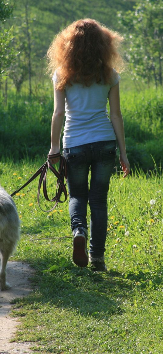 girl, brunette, hair, dog, leash, walk, woods