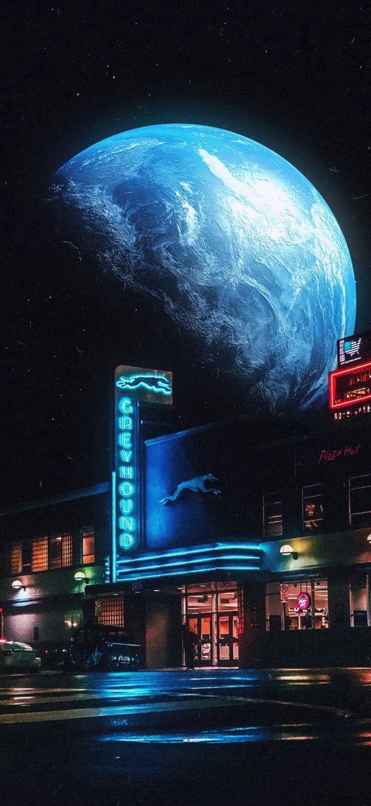 parking, shops, signage, neon, night, planet, stars, space, science fiction