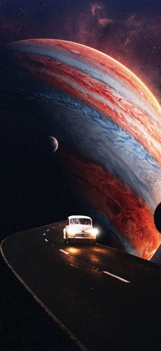 car, retro, road, jupiter, planet, stars, space, fiction, art