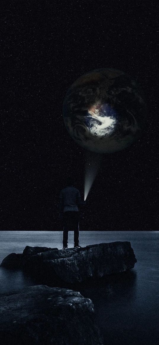 man, flashlight, rocks, sea, horizon, night, planet, earth, ray, stars, space, fiction, art