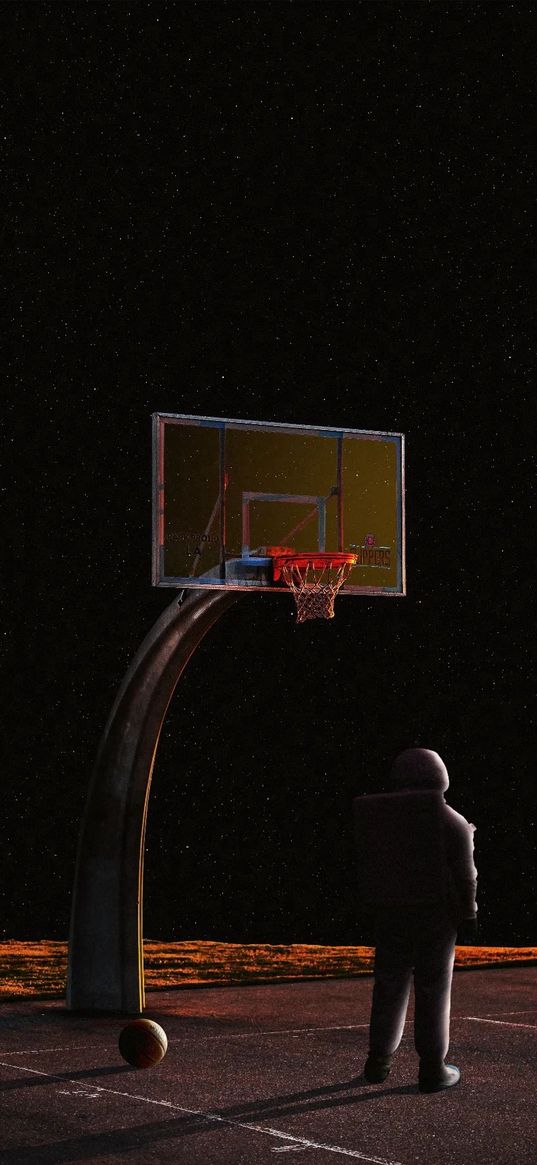 cosmonaut, basketball court, basketball ring, starry sky, stars, space, fiction, art