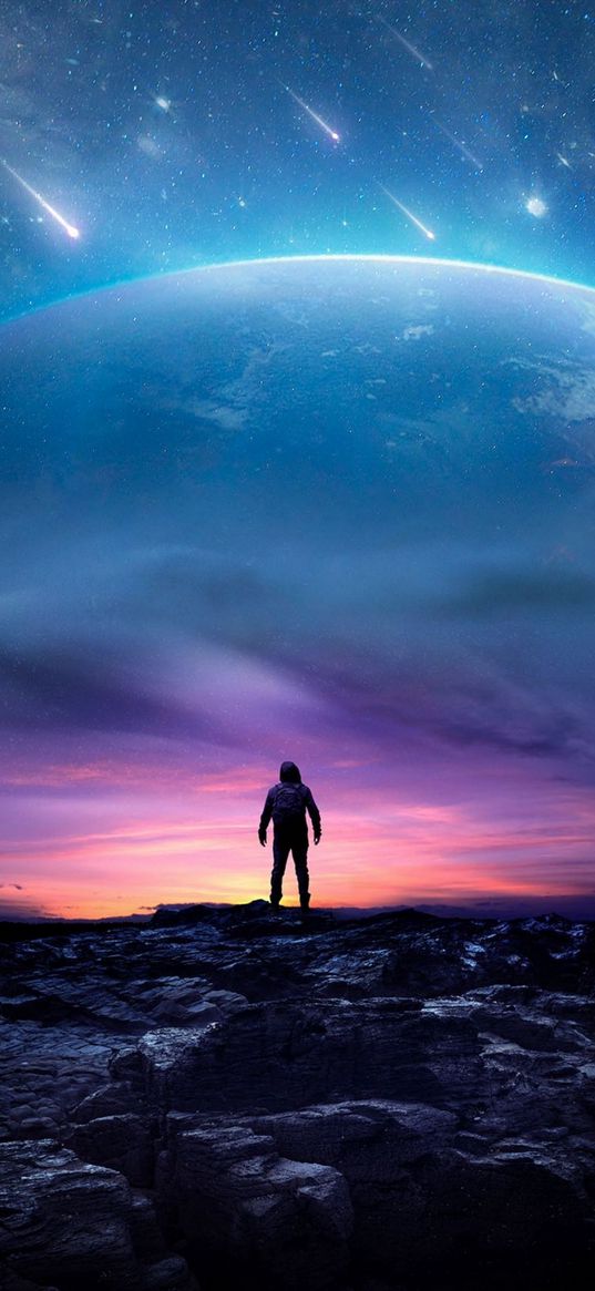 man, rocks, rock, sunset, planet, comets, asteroids, stars, sky, space, science fiction